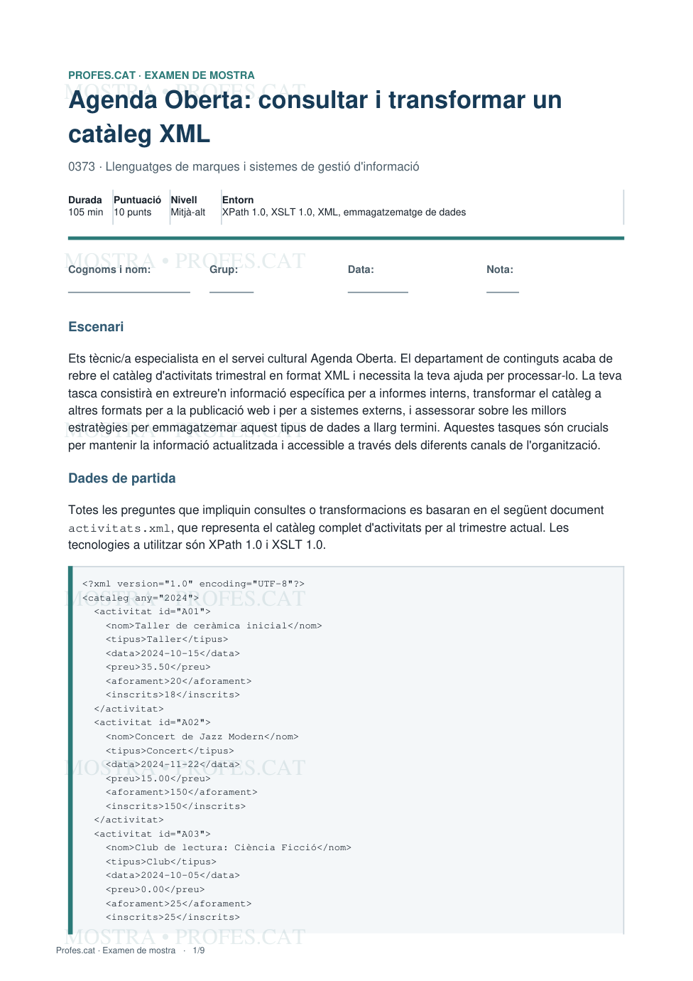 Mostra de Agenda Oberta: consultar i transformar un catàleg XML
