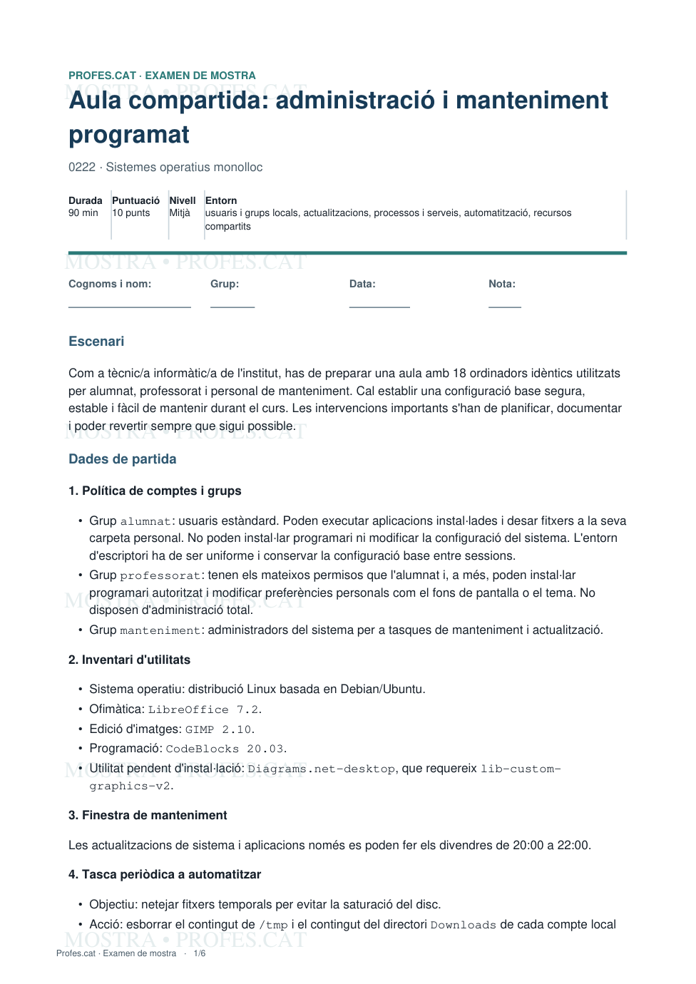 Primera pàgina de Aula compartida: administració i manteniment programat