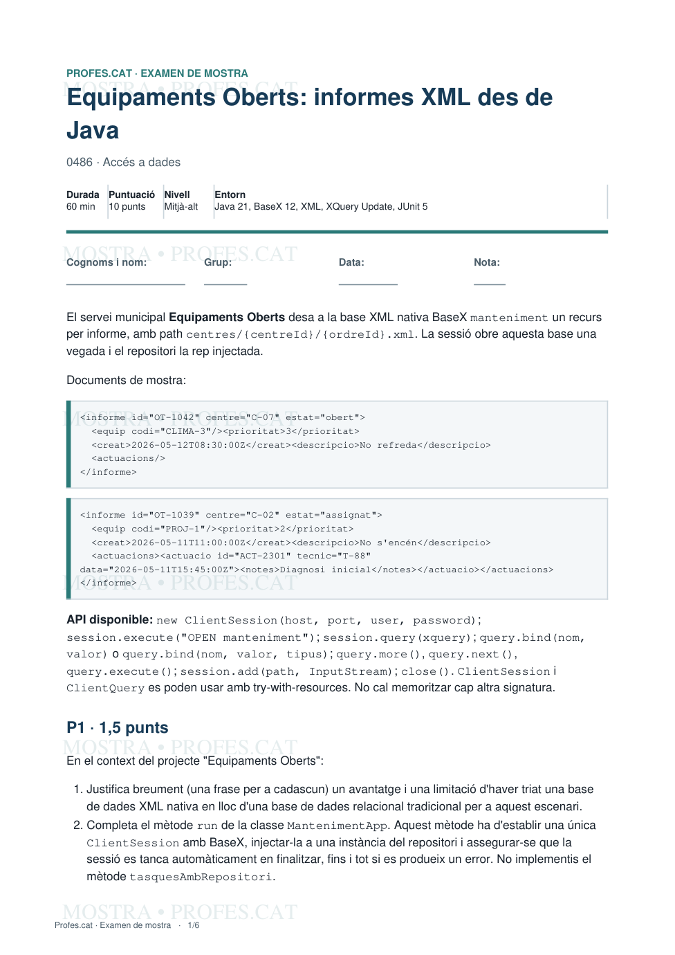 Mostra de Equipaments Oberts: informes XML des de Java