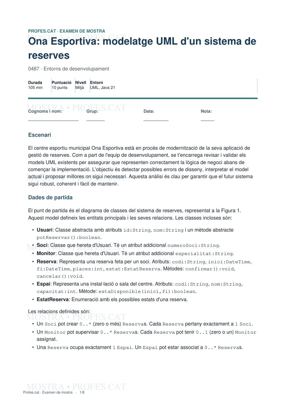 Mostra de Ona Esportiva: modelatge UML d'un sistema de reserves